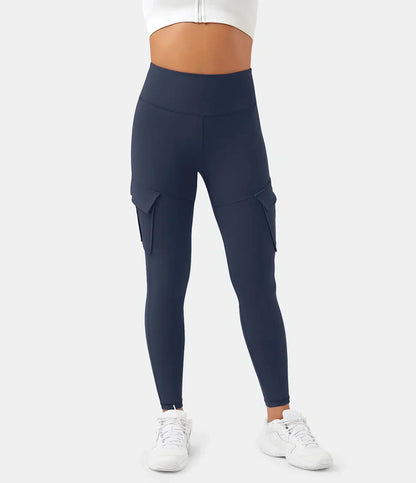 Damen-Cargoleggings in Dunkelblau, hoher Bund, Seitentaschen, Sportbekleidung, bequem.
