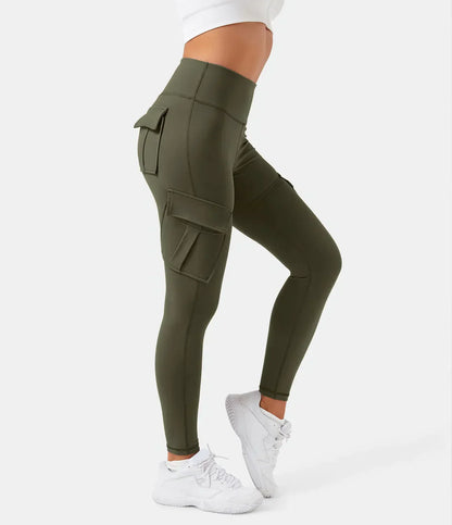 Damen Cargohose Leggings, olivgrün, hohe Taille, Seitentaschen, sportlich, bequem.