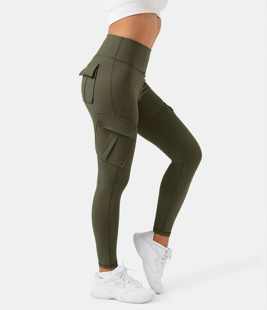 Damen Cargohose Leggings, olivgrün, hohe Taille, Seitentaschen, sportlich, bequem.