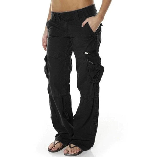Damen Cargohose Schwarz, Taschen, Freizeitmode, Baumwolle, lässiger Stil, bequeme Passform