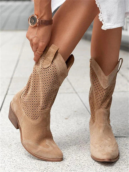 Damen Cowboy Stiefel, beige, Wildleder, atmungsaktiv, perforiert, modisch, bequem.