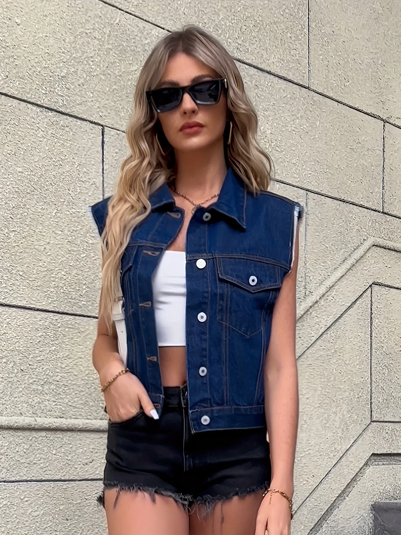Frau in blauer Jeansweste, weißem Top, schwarzer Shorts, Sonnenbrille, modisch, urbaner Stil.