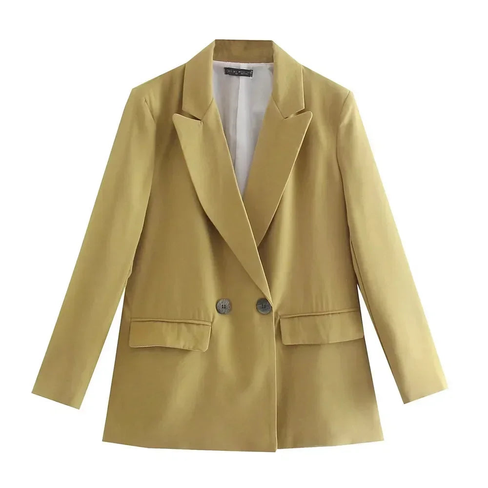 Damen Doppelreiher Blazer, gelb, klassisch, Büro, modisch, Anzugjacke, elegant, 2023.