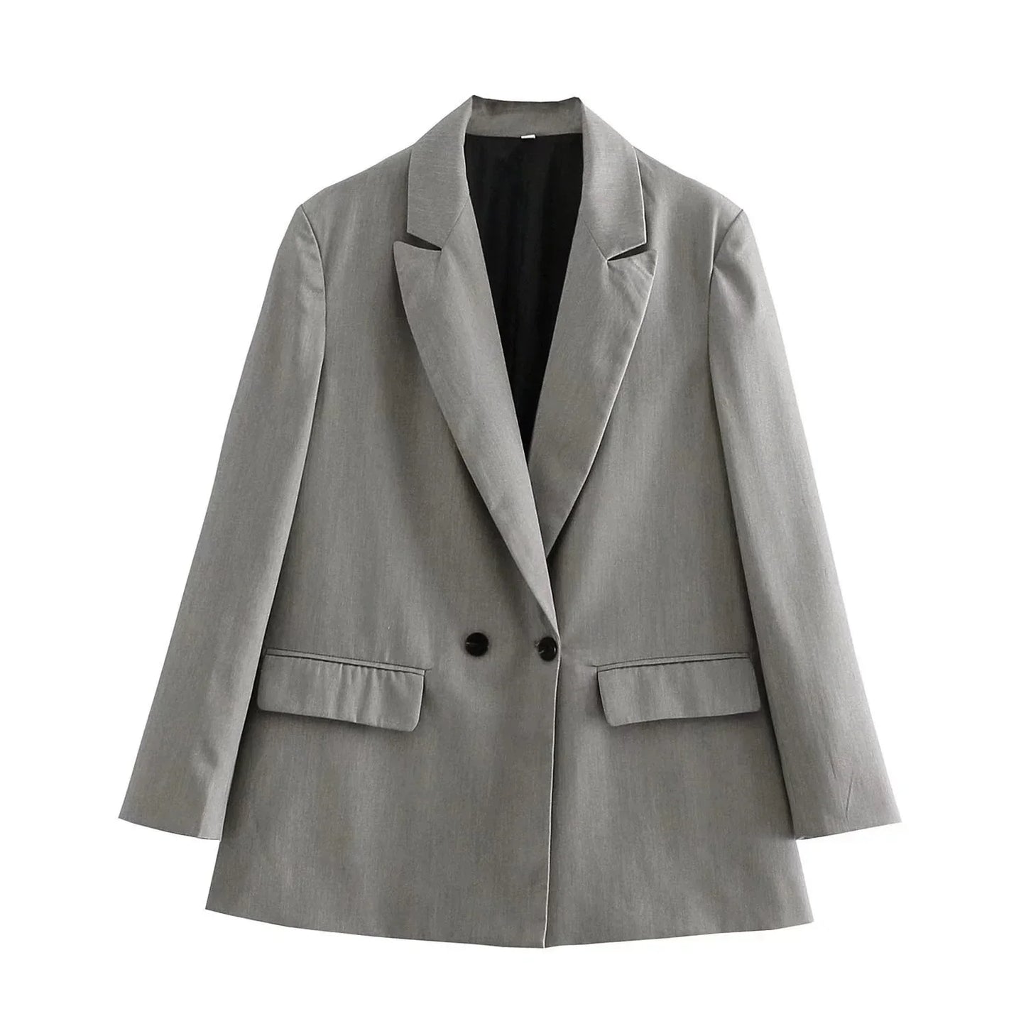 Grauer Damenblazer, zweireihig, klassisch, Büro, elegant, modisch, Anzugjacke, Herbstmode.