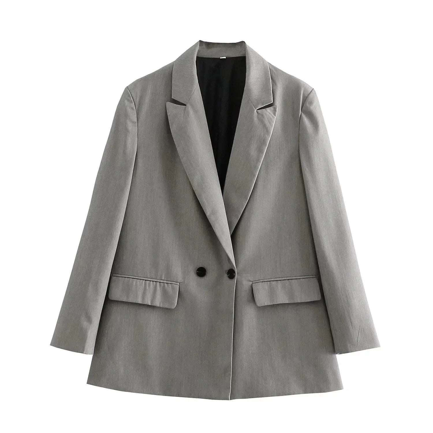Grauer Damenblazer, zweireihig, klassisch, Büro, elegant, modisch, Anzugjacke, Herbstmode.