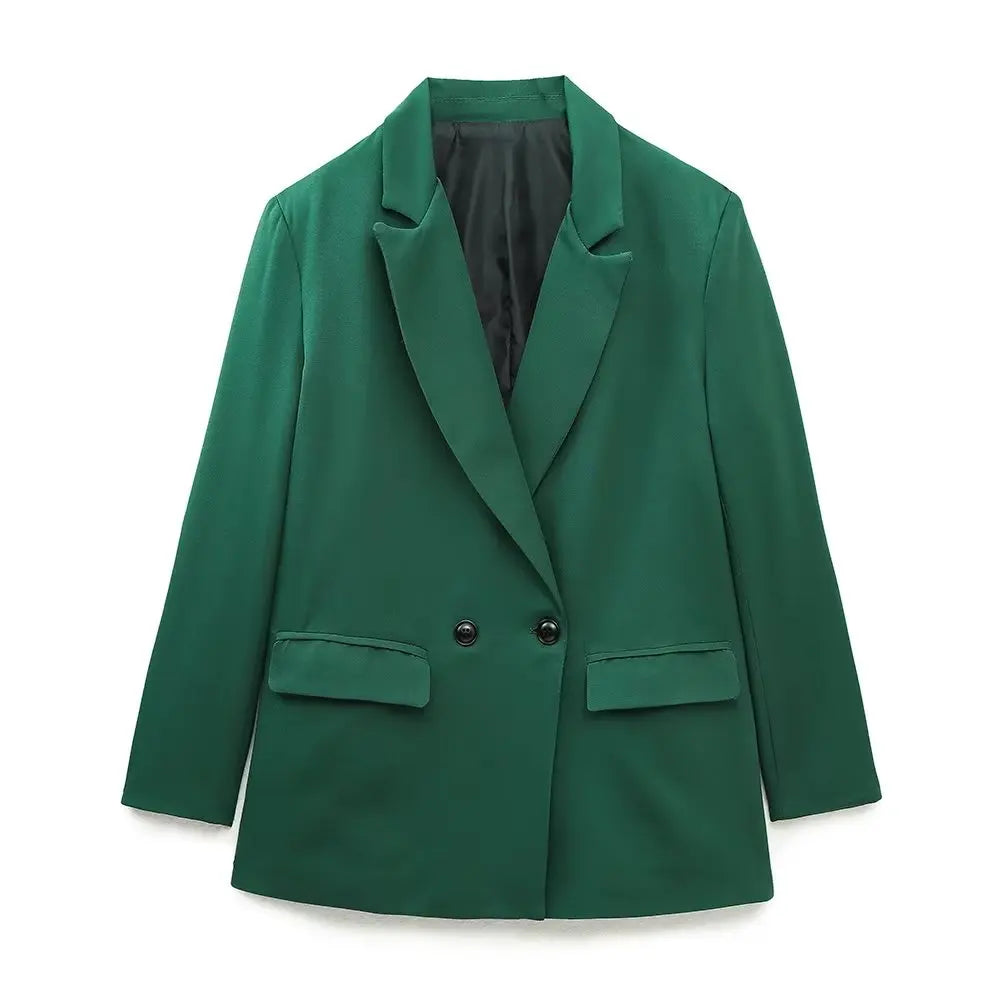 Grüner Damenblazer, zweireihig, klassisch, Büro, elegant, modisch, Anzugjacke.