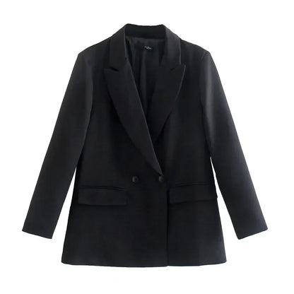 Schwarzer Damenblazer, zweireihig, klassisch, Büro, modisch, elegant, Anzugjacke.