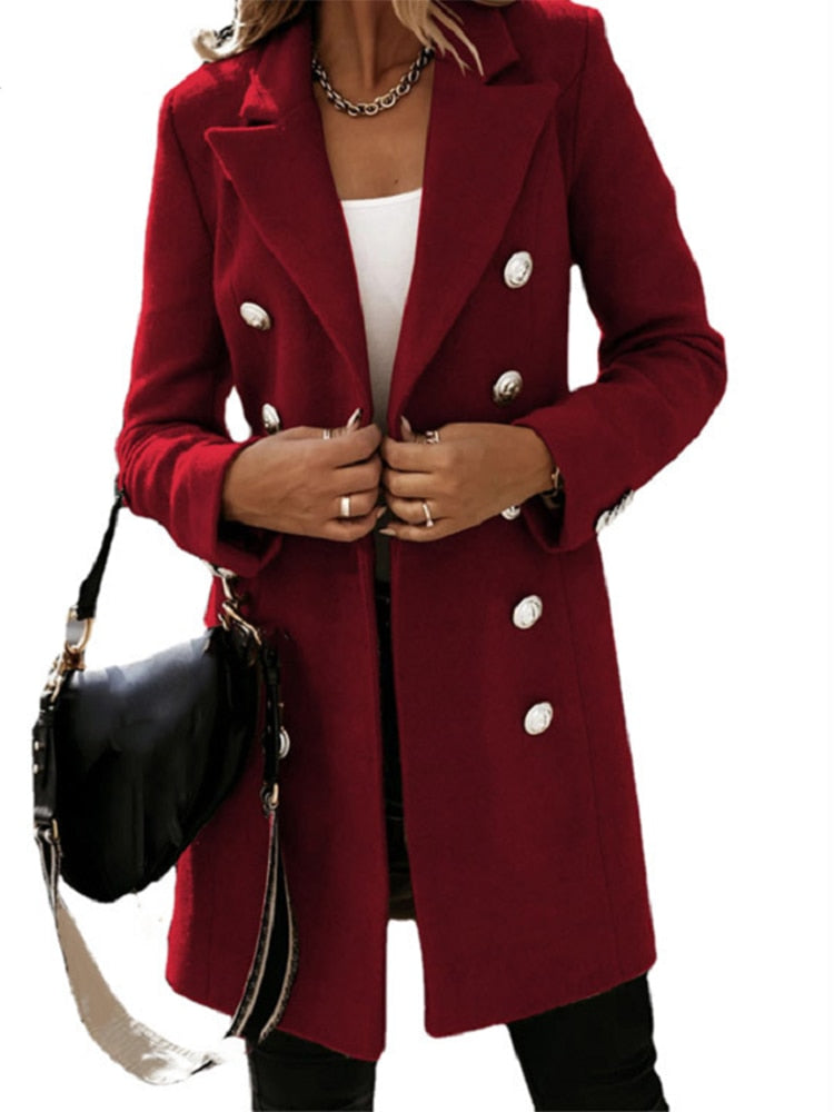 Damenmantel rot, zweireihig, Knöpfe, eleganter Wintermantel, Mode, Damenbekleidung, stilvoll.