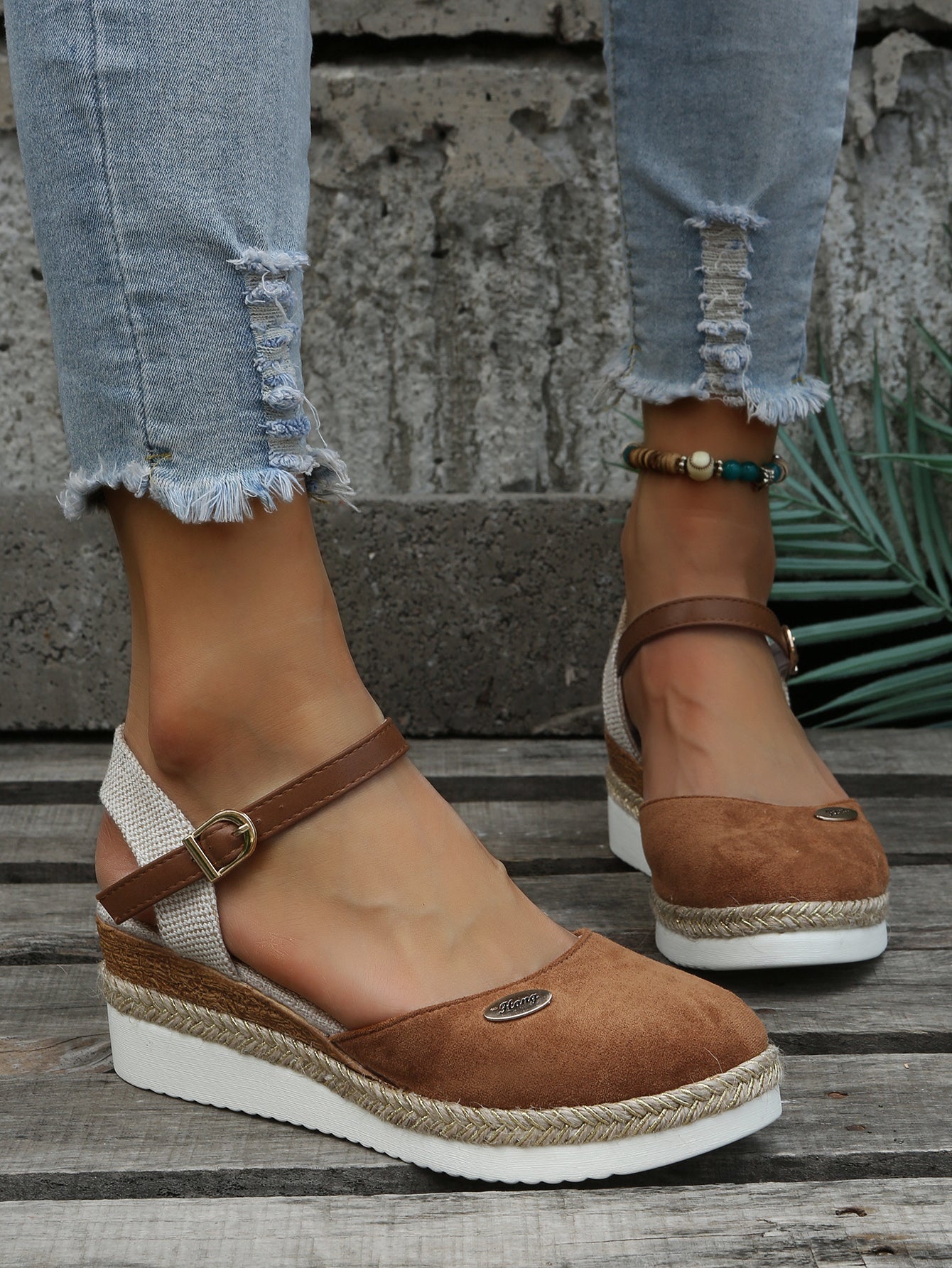 Damen Sandalen Keilabsatz Braun, Sommermode, Bequem, Casual, Jeans, Fußkettchen, Outdoor
