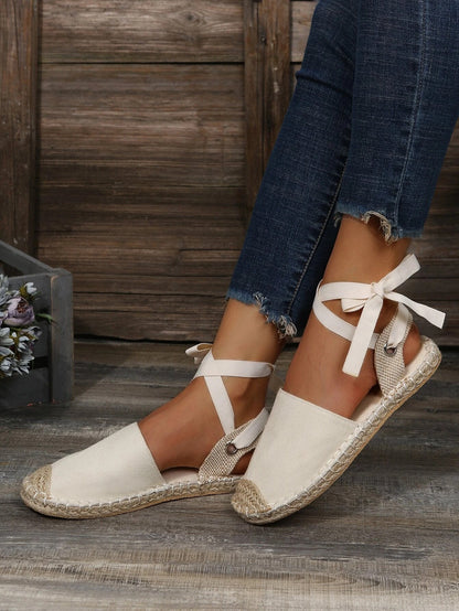 Damen Espadrilles Beige, Leinen, Sommermode, Schnürung, Freizeitschuhe, Jeanshintergrund