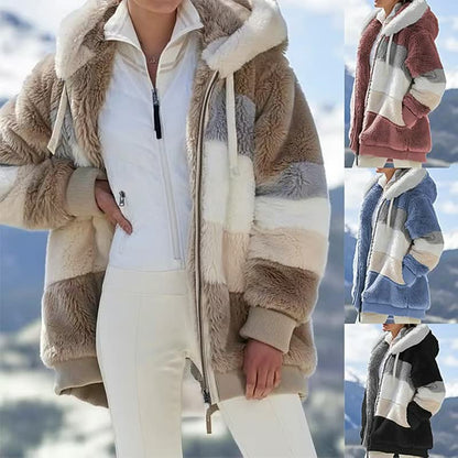 Damen Teddyfelljacke, gestreift, Kapuze, beige, rosa, blau, schwarz, Wintermode, warm.