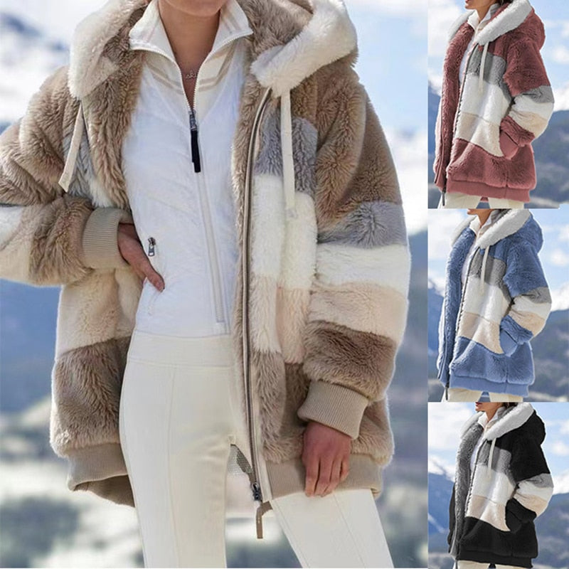 Damen Teddyjacke mit Kapuze, gestreift, beige, blau, rosa, warm, Wintermode, Outdoor-Bekleidung.