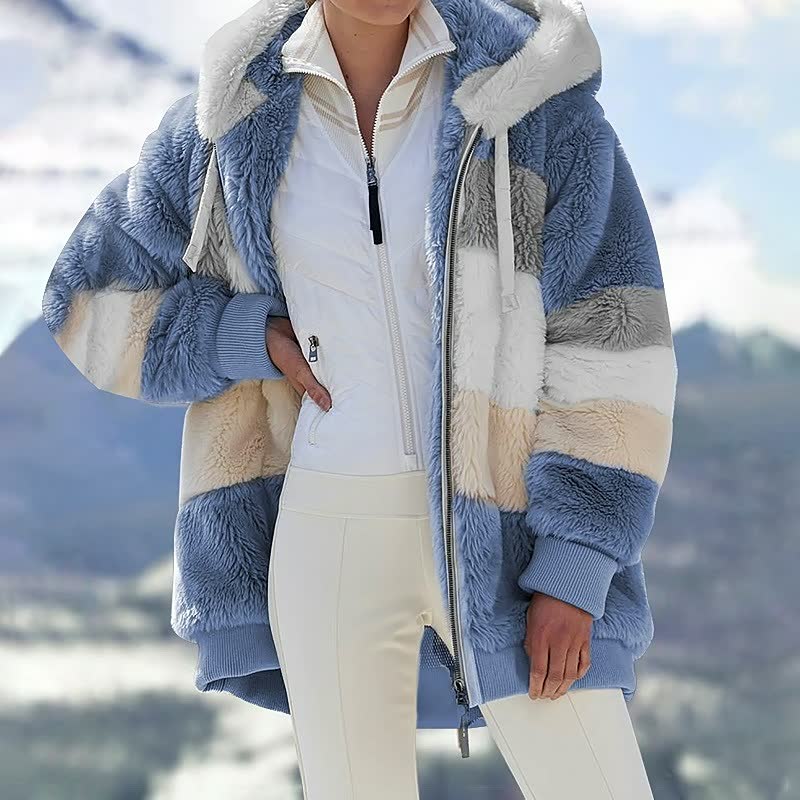 Damen Winterjacke, blau-weiß gestreift, Kunstpelz, Kapuze, warm, modisch, Outdoor-Bekleidung.