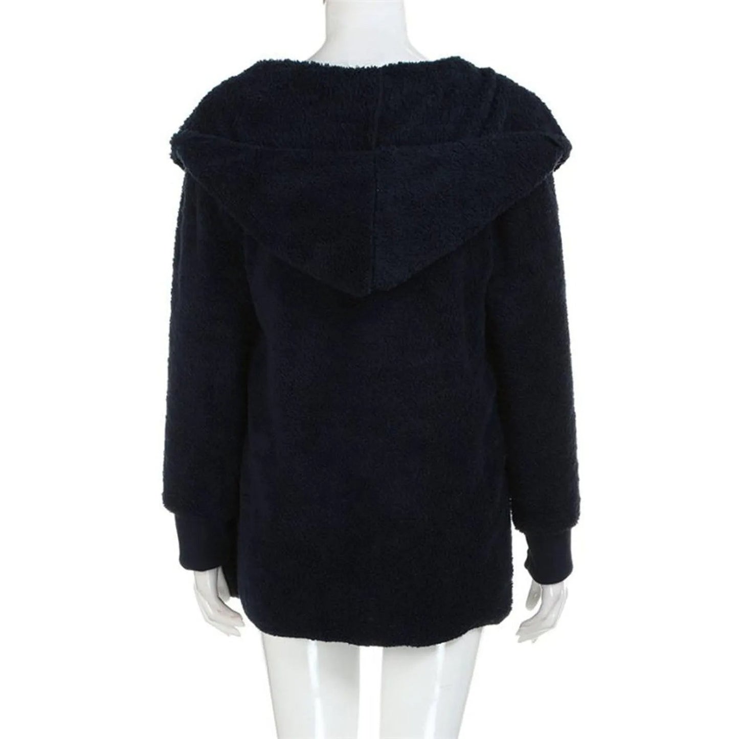 Dunkelblauer Damen-Fleece-Hoodie, Rückansicht, weiches Material, Kapuze, Wintermode.