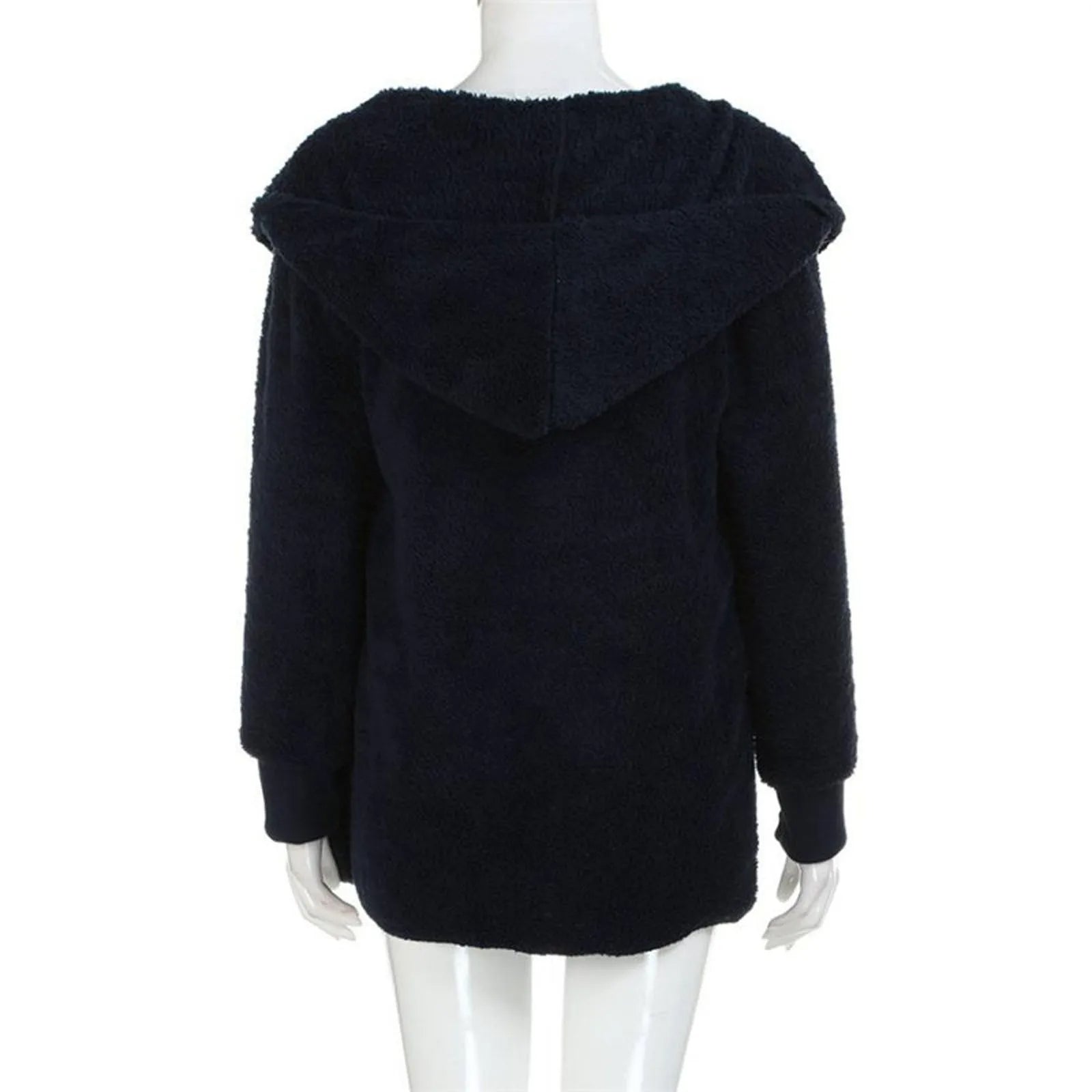 Dunkelblauer Damen-Fleece-Hoodie, Rückansicht, weiches Material, Kapuze, Wintermode.