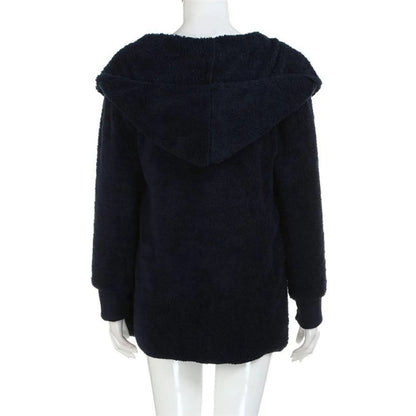 Dunkelblauer Damen-Fleece-Hoodie, Rückansicht, weiches Material, Kapuze, Wintermode.