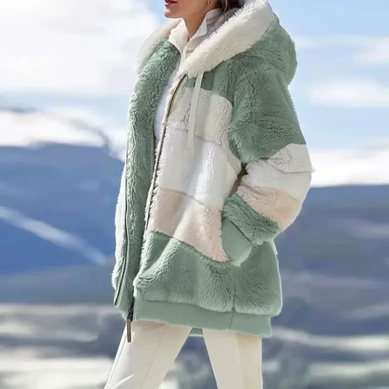 Damen Winterjacke, grün-weiß, Kunstpelz, Kapuze, warm, modisch, Outdoor-Bekleidung.