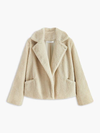 Beige Damen Teddyjacke, flauschig, warm, modisch, Winterbekleidung, mit Taschen, elegant.
