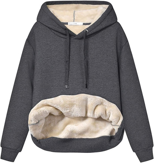 Dunkelgrauer Kapuzenpullover mit Plüschfutter, warm, gemütlich, ideal für kaltes Wetter.