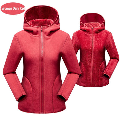Damen Fleecejacke mit Kapuze, dunkelrot, warm, Reißverschluss, Wintermode, Outdoor-Bekleidung.