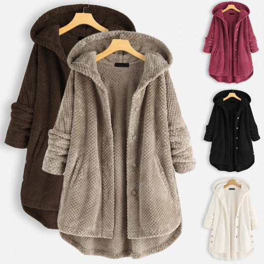 Damen Teddyjacke mit Kapuze, Knöpfen, in Braun, Beige, Rot, Schwarz, Weiß, Wintermode.