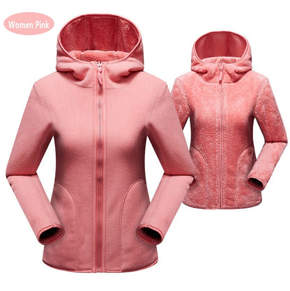 Damen Fleecejacke rosa, Kapuze, Reißverschluss, warm, Wintermode, Outdoor-Bekleidung.