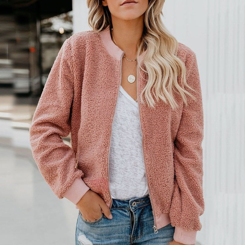 Damen Teddyjacke rosa, flauschig, Reißverschluss, lässig, modisch, Herbstmode, Streetwear.