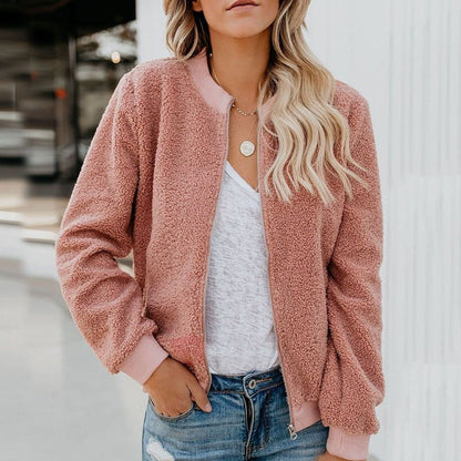 Damen Teddyjacke rosa, flauschig, Reißverschluss, lässig, modisch, Herbstmode, Streetwear.