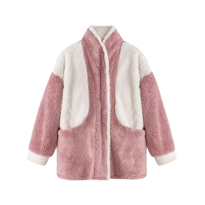 Rosa-weiße Damen Teddyjacke, flauschig, warm, modisch, Winterbekleidung, Freizeitlook.