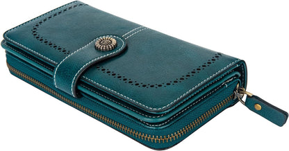 Blaue Damen-Geldbörse aus Leder mit Reißverschluss und Knopfverschluss, elegant und stilvoll.