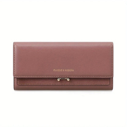 Braune Leder-Geldbörse Damen, elegant, klassisch, modern, mit Druckknopfverschluss.