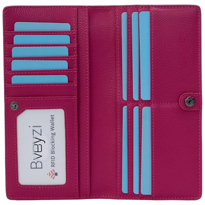 Rosa RFID-blockierende Geldbörse aus Leder mit Kartenfächern und Druckknopfverschluss.
