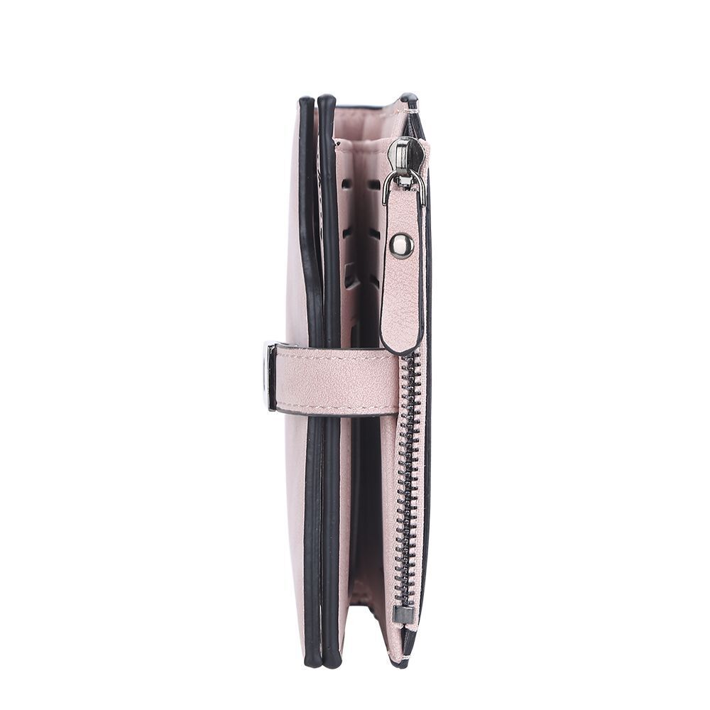 Rosa Damen-Geldbörse aus Leder mit Reißverschluss, seitliche Ansicht, elegant und stilvoll.