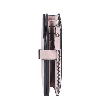 Rosa Damen-Geldbörse aus Leder mit Reißverschluss, seitliche Ansicht, elegant und stilvoll.