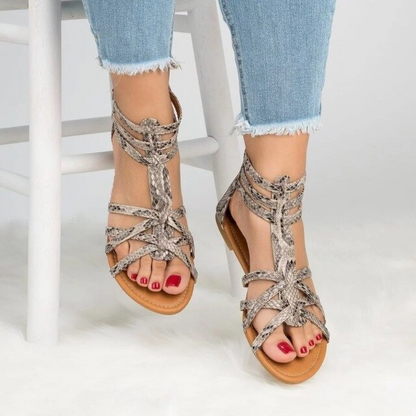 Damen Sandalen, Boho-Stil, Schlangenleder-Optik, flach, Sommer, Größe 35-43, modisch.