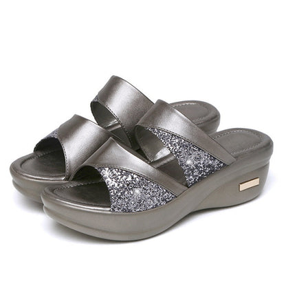 Damen Sandalen, silber, Glitzer, Keilabsatz, bequem, modisch, Sommer, rutschfest, elegant.
