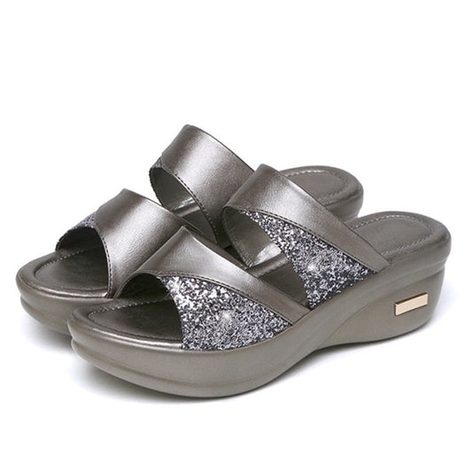 Damen Sandalen, silber, Glitzer, Keilabsatz, bequem, modisch, Sommer, rutschfest, elegant.