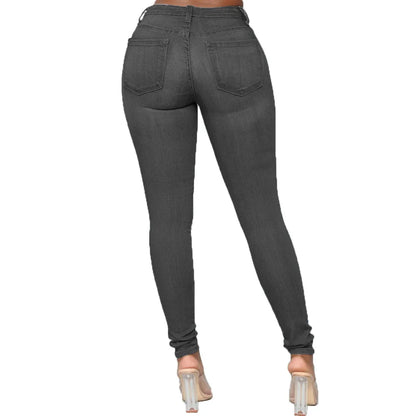 Damen graue Skinny-Jeans, hohe Taille, Rückansicht, modisch, figurbetont, Denim-Look.
