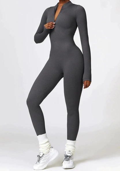 Damen Jumpsuit langarm, dunkelgrau, gerippt, Reißverschluss, sportlich, bequem, modisch.