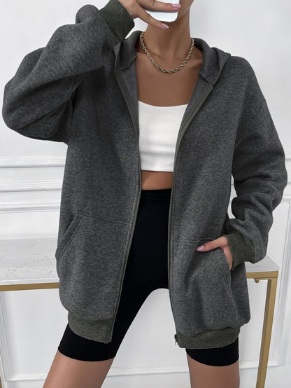 Damen grauer Kapuzenpullover, lässig, Baumwolle, Reißverschluss, modisch, bequem.