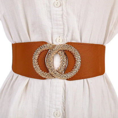 Brauner Taillengürtel mit goldener Doppelschnalle, Damenmode Accessoire, elegant und stilvoll.