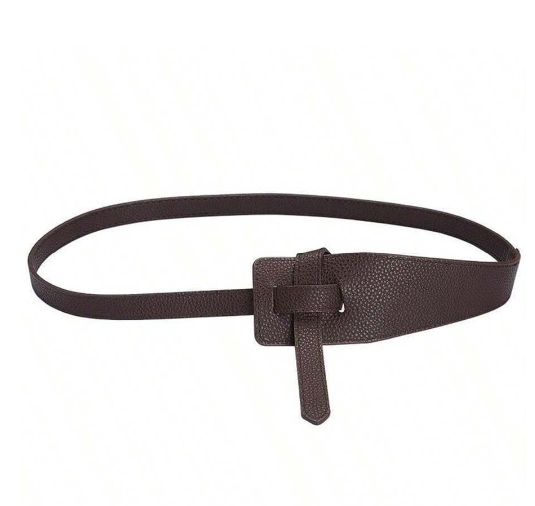 Dunkelbrauner Ledergürtel mit Knotenverschluss, modisches Accessoire für Damen.