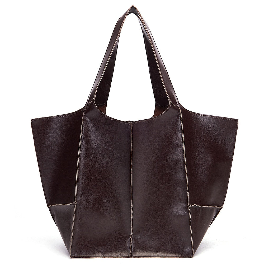 Dunkelbraune Ledertasche, große Handtasche, modisches Accessoire, elegantes Design.
