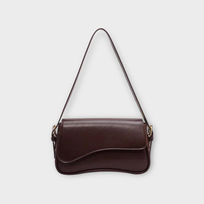 Dunkelbraune Lederhandtasche mit Schulterriemen, elegantes Design, Damenmode Accessoire.