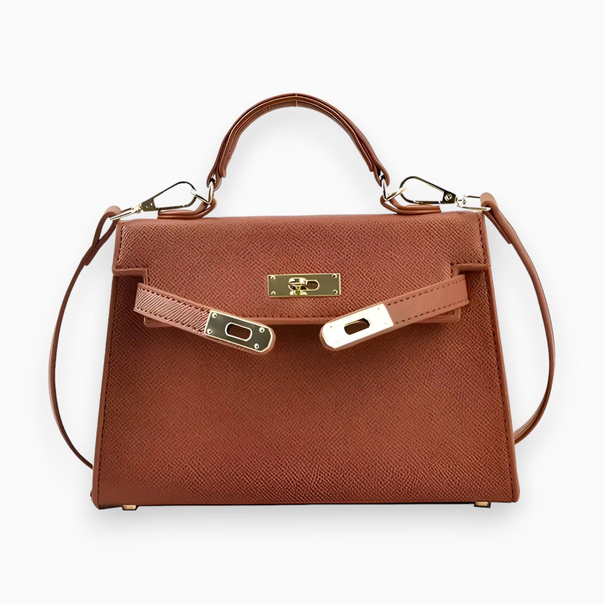 Braune Lederhandtasche mit goldenen Beschlägen, elegantes Design, Damenmode-Accessoire.