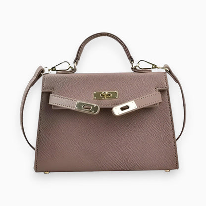 Damenhandtasche aus Leder, beige, mit goldenen Beschlägen, elegantes Design, modisch.