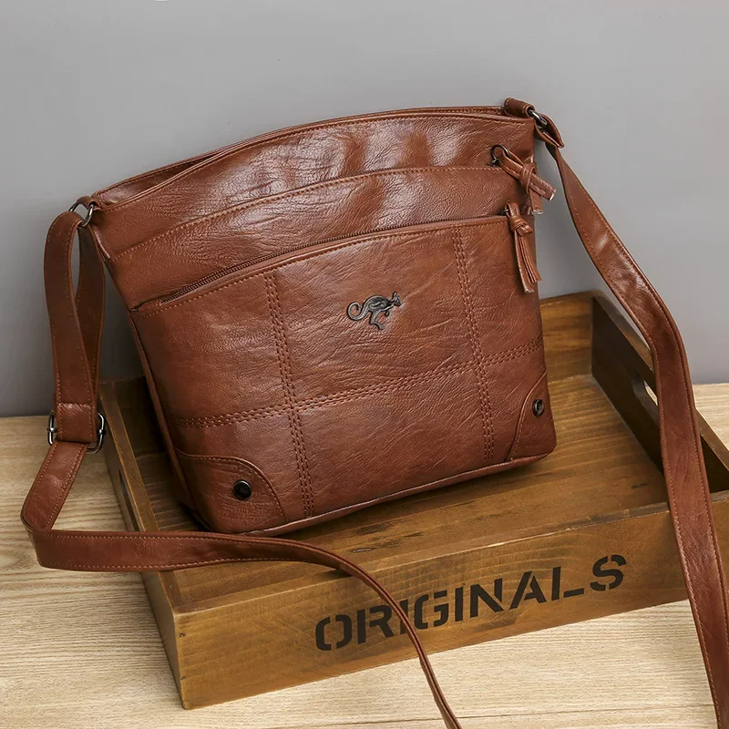 Braune Damen-Ledertasche, Crossbody, modisch, große Kapazität, Retro-Design, Schulterriemen.