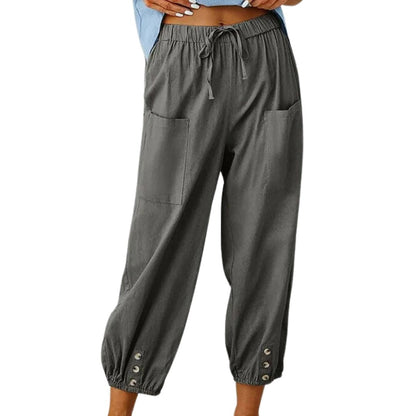 Damenhose mit Taschen, elastischer Bund, Knöpfe, grau, lässig, bequem, Sommermode.