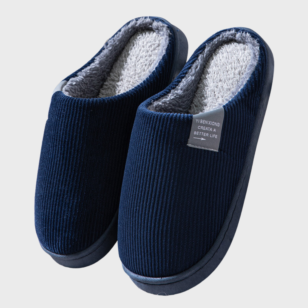 Dunkelblaue Hausschuhe mit Plüschfutter, rutschfeste Sohle, gemütlich, warm, für Zuhause.