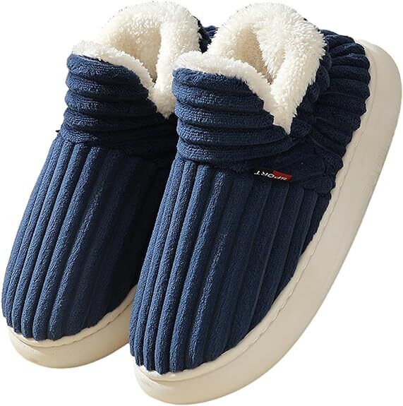 Blaue Hausschuhe mit Plüschfutter, rutschfest, warm, bequem, für Damen und Herren.
